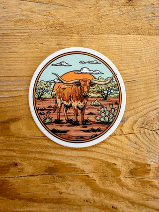 Round sticker with a longhorn design.