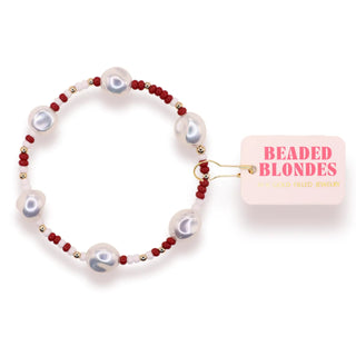 maroon, pearl, white, and gold beaded bracelet