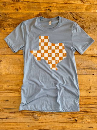 Vintage denim unisex tee with a texas shape palm checkered print design. 
