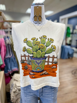 Women's muscle tank, off white with a potted cactus scene. 