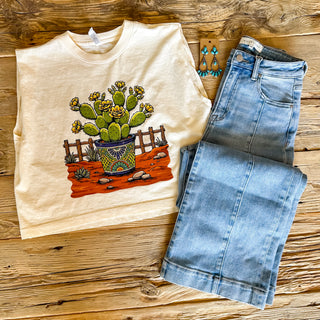 Women's muscle tank, off white with a potted cactus scene. 