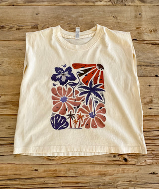 Faded cream women's muscle tank with boho floral and palm tree design. 