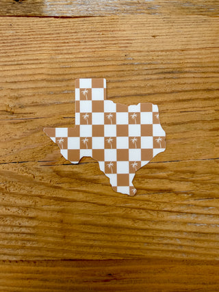 Texas shape sticker with a checkered design with palm trees. 