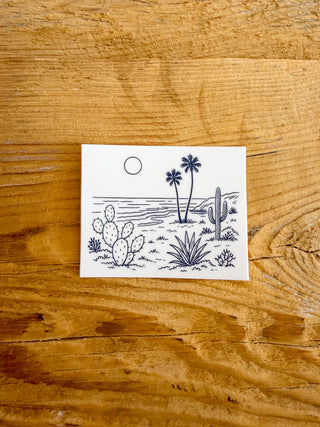 Sticker with a beach scent with cactus and palm trees. 