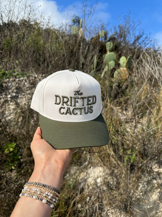 Khaki/olive hat with olive the drifted cactus embroidery text. 