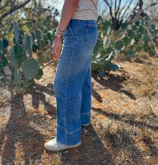 High Rise Cropped Wide Leg Medium Washed Denim Jeans.
