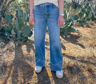 High Rise Cropped Wide Leg Medium Washed Denim Jeans.