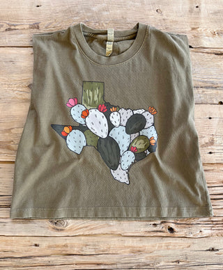 Olive green muscle tank with a cactus print texas graphic. 