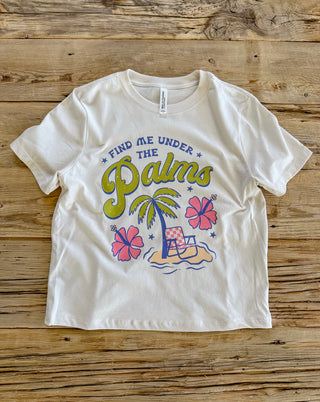 Vintage white t-shirt with a tropical design. Find me under the palms text. 