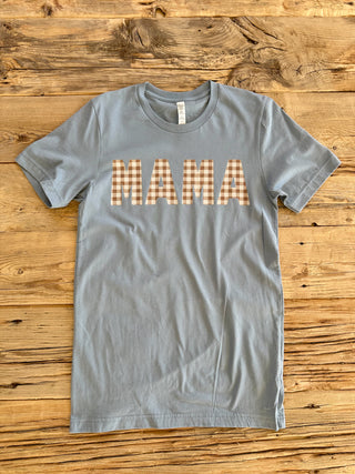 Vintage denim tee with a neutral gingham MAMA text design. 