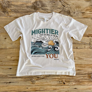 Light grey colored tee with a wave and sun shining design with the Bible verse PSALM 93:4 Mightier than the waves of the sea is his love for you. 