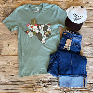 Sage green t-shirt with a cactus texas graphic. 