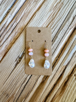 pearl and pink bead dangle earrings. 