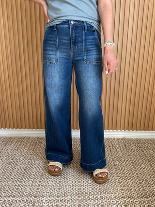 Wide Leg Medium Washed Jeans with trouser pockets and 26" Inseam. 