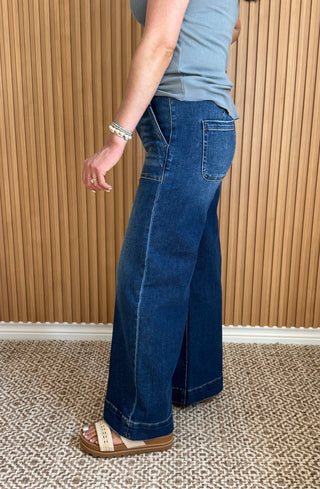 Wide Leg Medium Washed Jeans with trouser pockets and 26" Inseam. 