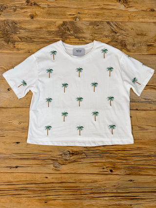 White short sleeve tee with embroidered palm trees pattern. 