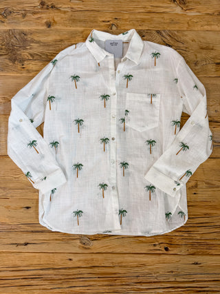 White long sleeve button up with palm tree embroidered pattern. 