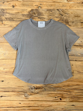 Grey Brown Ribbed Short Sleeve Top. 