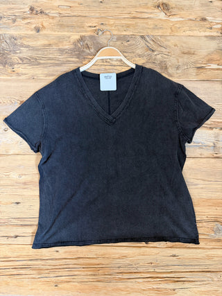 Black v-neck top.