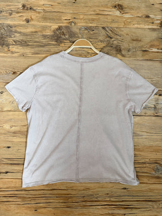 Back of Taupe V-Neck Top. 