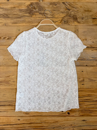Back of white lace short sleeve top. 