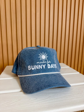 Denim hat with a rope detail and embroidered made for sunny days design. 