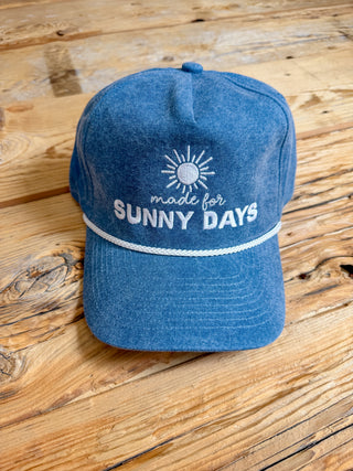 Denim hat with a rope detail and embroidered made for sunny days design. 
