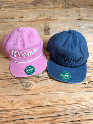 Rope style hat, one pink and one navy with a puff embroidered Mama on it. 