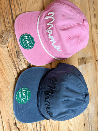 Rope style hat, one pink and one navy with a puff embroidered Mama on it. 