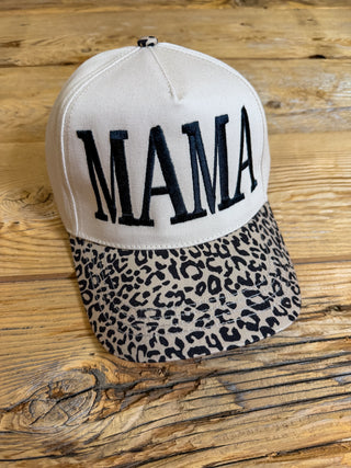 Embroidered MAMA hat with a leopard print bill. 
