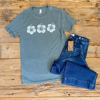 Vintage Washed Green Tee with a hibiscus flowers graphic. 