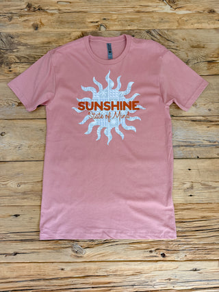 Desert Pink t-shirt with a sun graphic and sunshine state of mind text. 