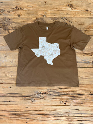 Brown Texas Tee with a Boho Coastal print in the Texas. 