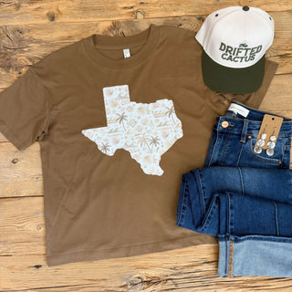 Brown Texas Tee with a Boho Coastal print in the Texas. 