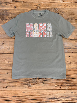 Sandstone t-shirt with a Vintage print MAMA graphic with florals, checkered print, geese, and strawberries. 