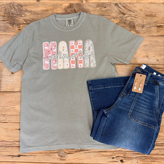 Sandstone t-shirt with a Vintage print MAMA graphic with florals, checkered print, geese, and strawberries. 