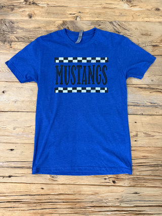 A royal blue short-sleeve t-shirt with a black and white checkered graphic and the word 'MUSTANGS' printed across the chest.