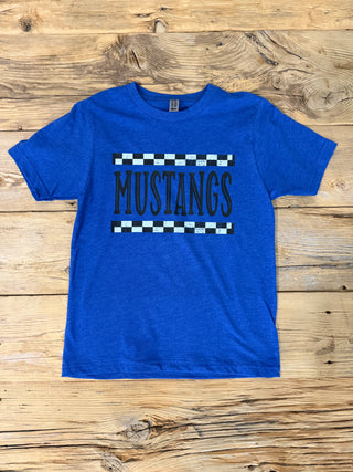 A youth size royal blue heather t-shirt with a black and white checkered graphic and the word 'MUSTANGS' in black.
