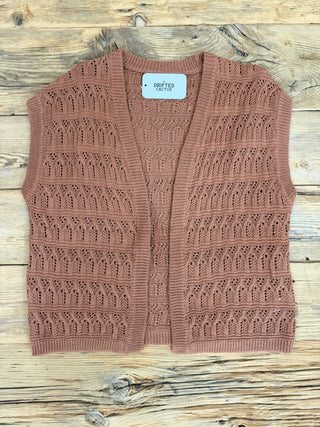 Bronze open front short sleeve crochet knit cardigan. 