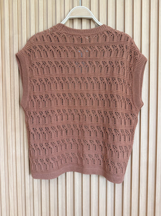 Back of bronze open front short sleeve crochet knit cardigan. 