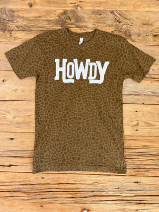 Brown leopard unisex short sleeve tee with a white "HOWDY" printed across the chest. 
