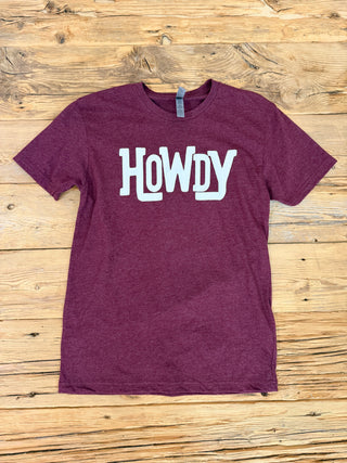 A heathered maroon short-sleeve t-shirt with the word 'HOWDY' printed in white across the chest.
