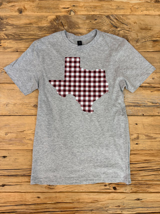 Grey short sleeve t-shirt with a maroon and white gingham texas graphic 